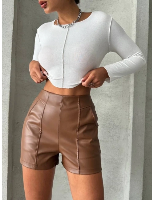 Parçalı cepli deri şort taba w26312