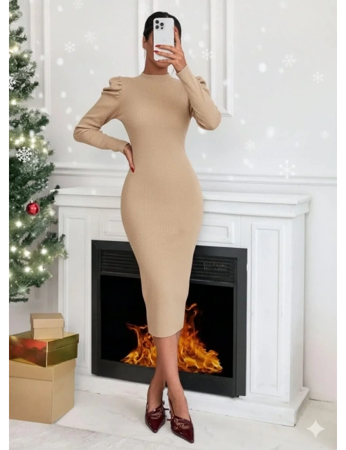 Prenses kol kaşkorse elbise bej