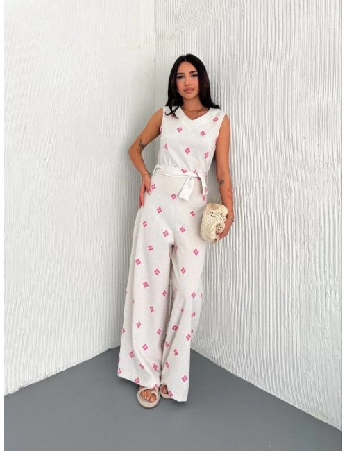 Sırt dekolteli keten beyaz tulum S1036