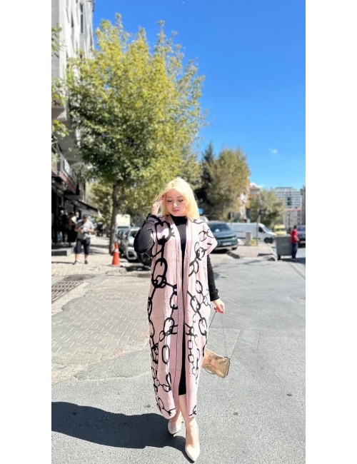 Siyah çizgi desenli elbiseli hırka takım pudra siyah