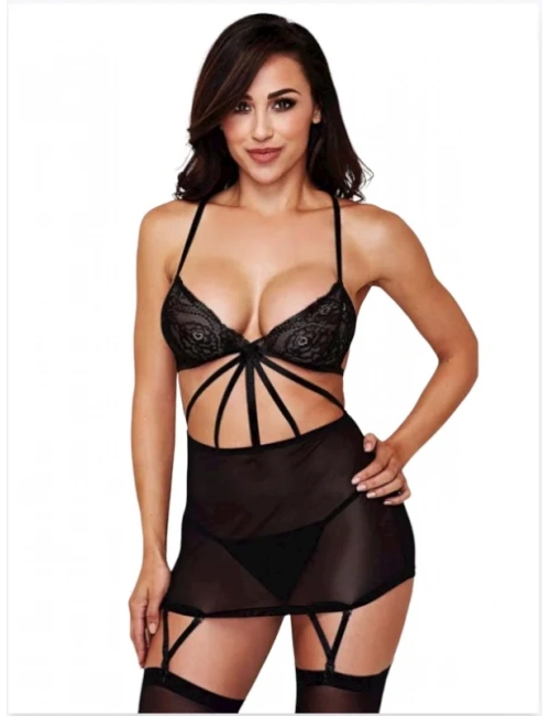 Siyah Dantel Sütyenli Tül Etekli Jartiyer Takım