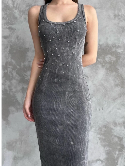 Taşlı askılı elbise