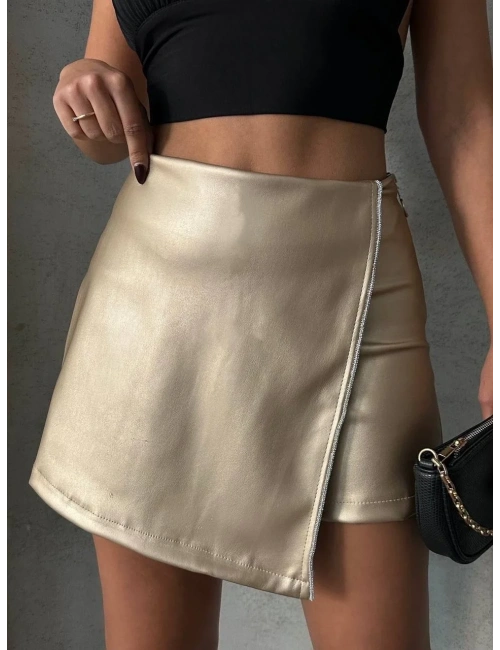 Taşlı şort etek deri gold h240018