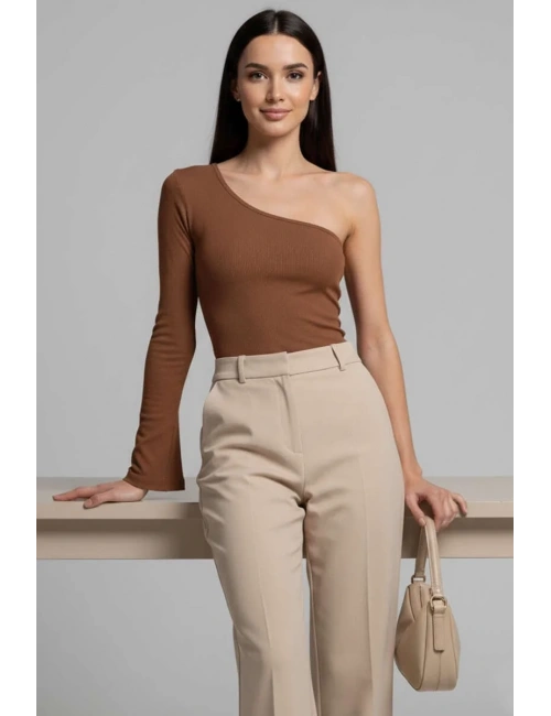Tek Omuzlu Basic Bluz kahve T4275