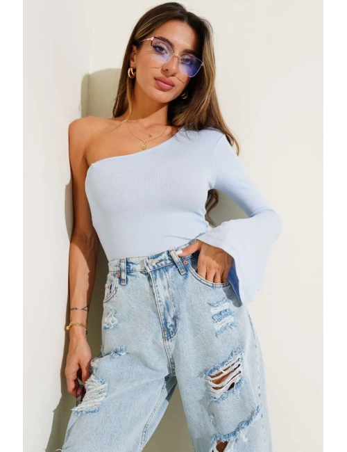 Tek Omuzlu Basic Bluz Mavi