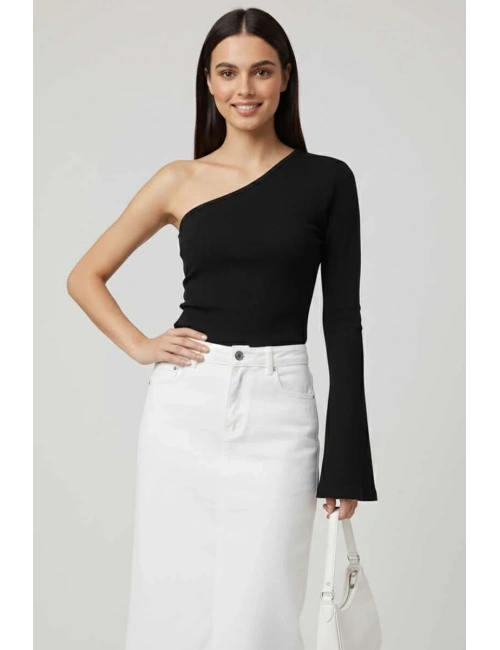Tek Omuzlu Basic Bluz Siyah T4275