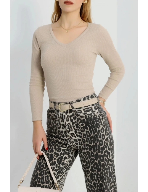 V yaka kaşkorse bluz bej