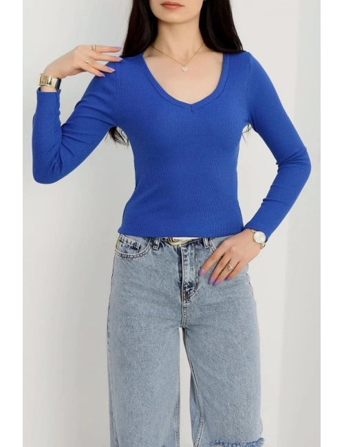 V yaka kaşkorse bluz saks mavisi a3699