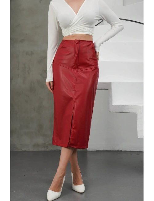 Yırtmaçlı uzun deri etek bordo