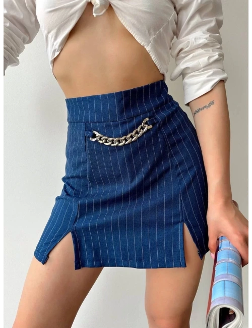 Zincir detaylı çizgili şort etek
