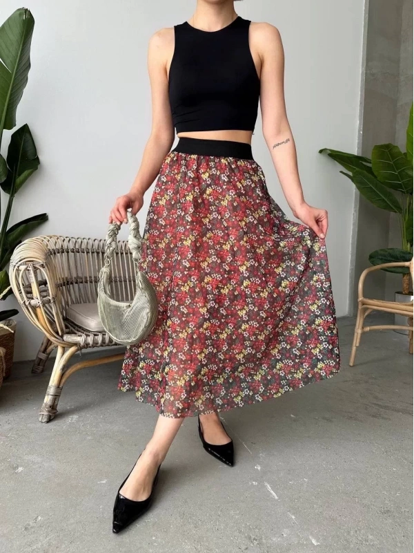 Baskılı astarlı uzun etek