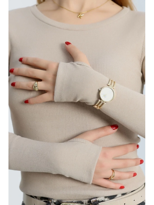 Bisiklet Yaka Parmak Geçmeli Kaşkorse bluz bej a3829