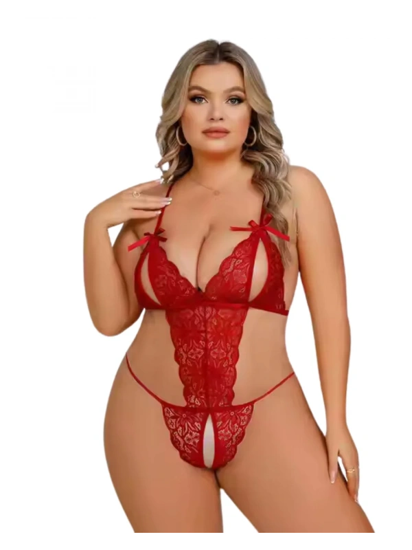 Büyük Beden Fantezi Kırmızı Dantelli Babydoll