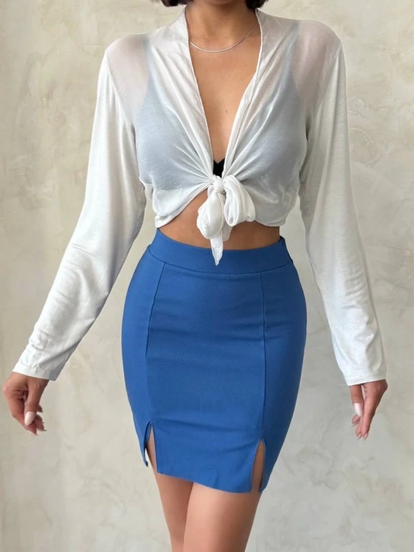 Çift yırtmaçlı etek indigo s25910