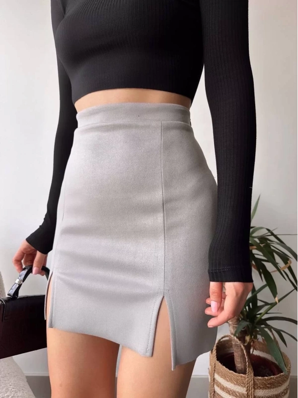 Çift yurtmaçlı süet etek gri s241002