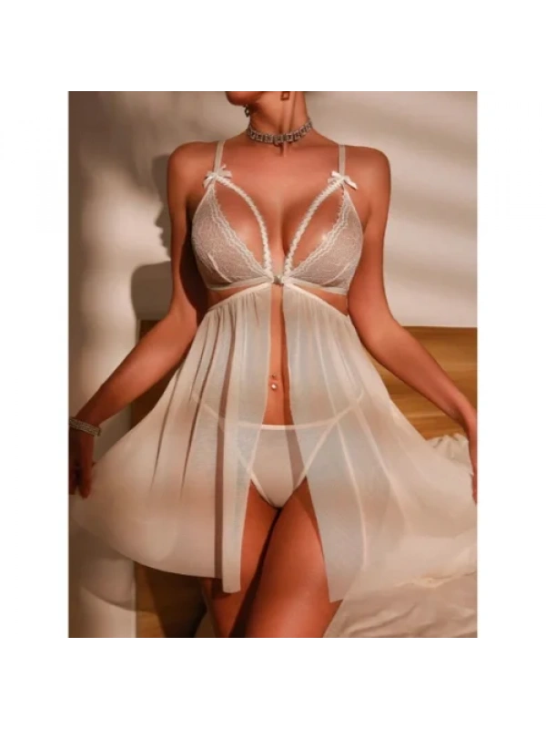 Fantezi Beyaz Dantel Sütyenli Transparan Gecelik