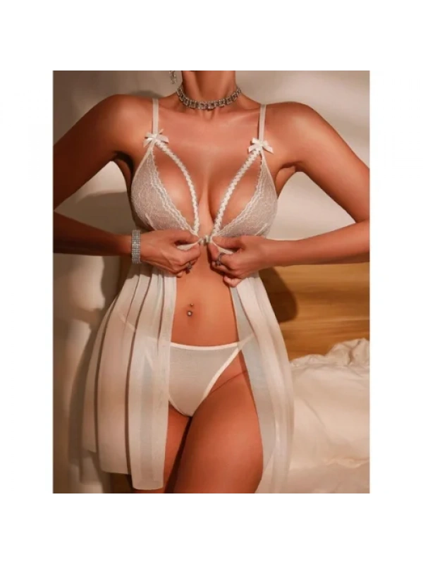 Fantezi Beyaz Dantel Sütyenli Transparan Gecelik