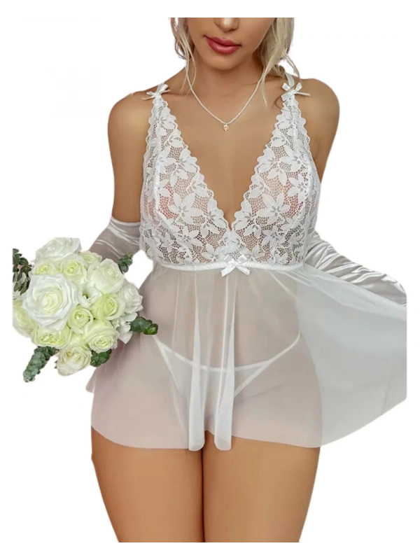 Fantezi Beyaz Dantelli Transparan Tül Etekli Seksi Elbise Gecelik