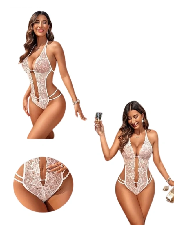 Fantezi Beyaz Dantelli Zincirli Seksi Babydoll