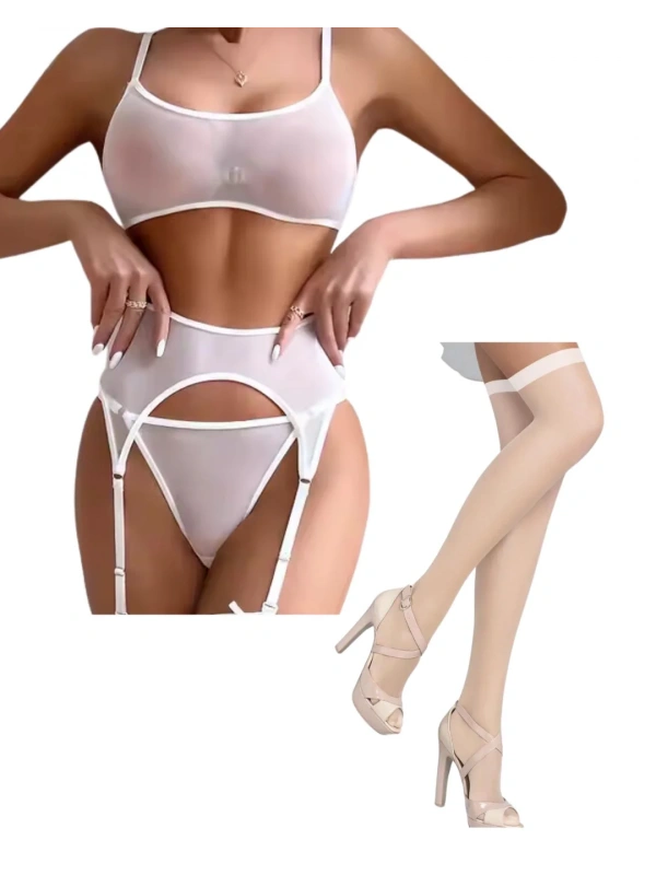 Fantezi Beyaz Transparan Tül Jartiyer Takımı