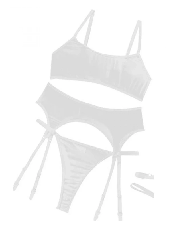 Fantezi Beyaz Transparan Tül Jartiyer Takımı