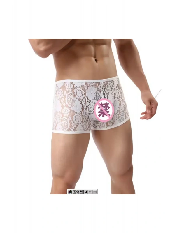 Fantezi Dantelli Beyaz Seksi Erkek Boxer - Erkek İç Çamaşırı