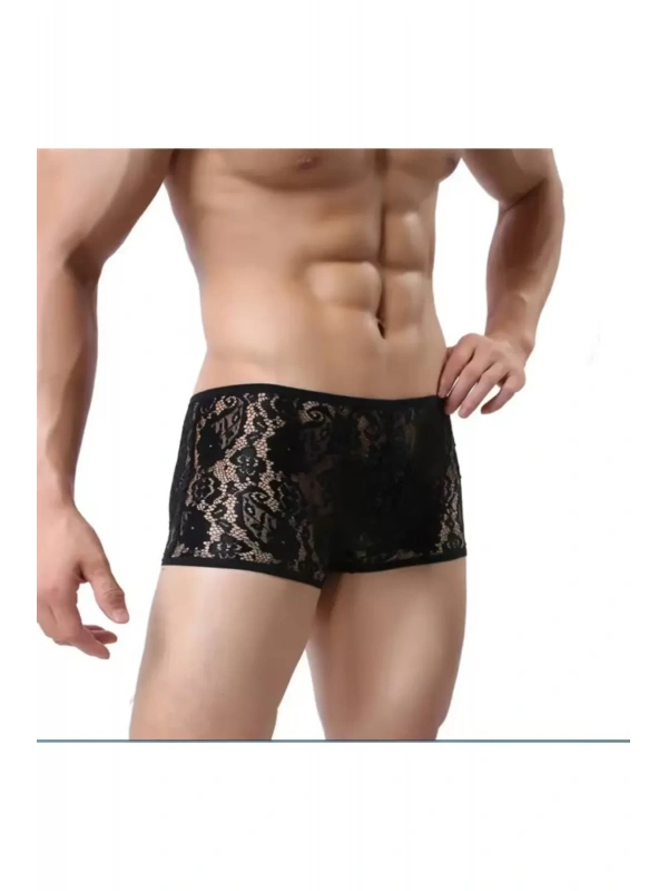 Fantezi Dantelli Seksi Siyah Erkek Boxer - Seksi Erkek İç Çamaşırı