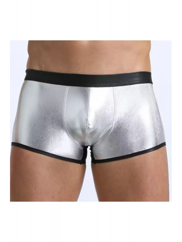 Fantezi Deri Görünümlü Gümüş Erkek Boxer Tanga