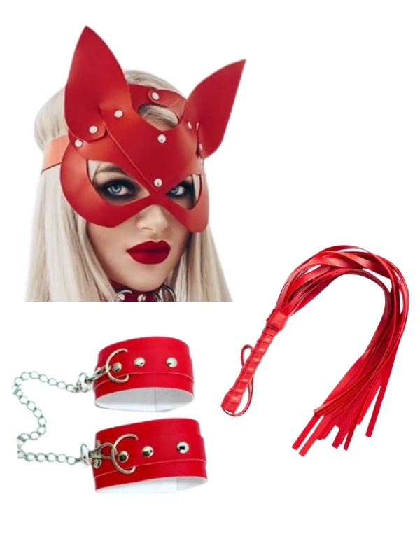 Fantezi Deri Seksi Kırmızı Kedi Maske Kelepçe Kırbaç Seti ( 3lü Set)