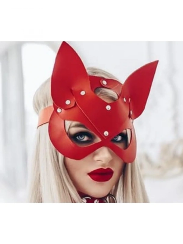Fantezi Deri Seksi Kırmızı Kedi Maske Kelepçe Kırbaç Seti ( 3lü Set)