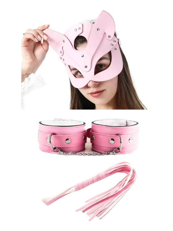 Fantezi Deri Seksi Pembe Kedi Maske Kelepçe Kırbaç Seti ( 3lü Set)