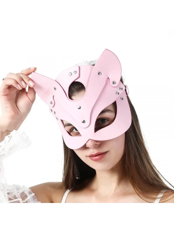 Fantezi Deri Seksi Pembe Kedi Maske Kelepçe Kırbaç Seti ( 3lü Set)