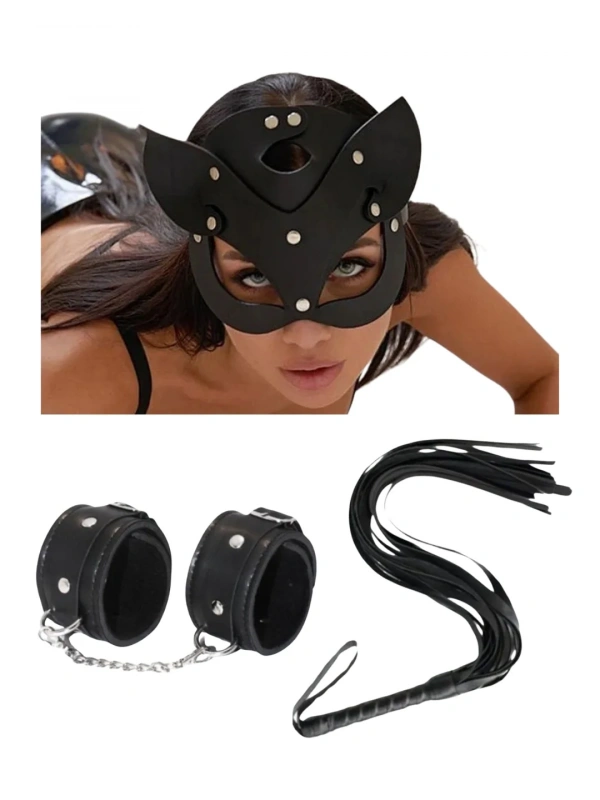Fantezi Deri Seksi Siyah Kedi Maske Kelepçe Kırbaç Seti ( 3lü Set)