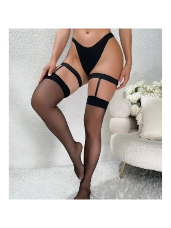Fantezi Kadın Siyah Dantel Bacak Bantlı String Jartiyer Çorap Takımı