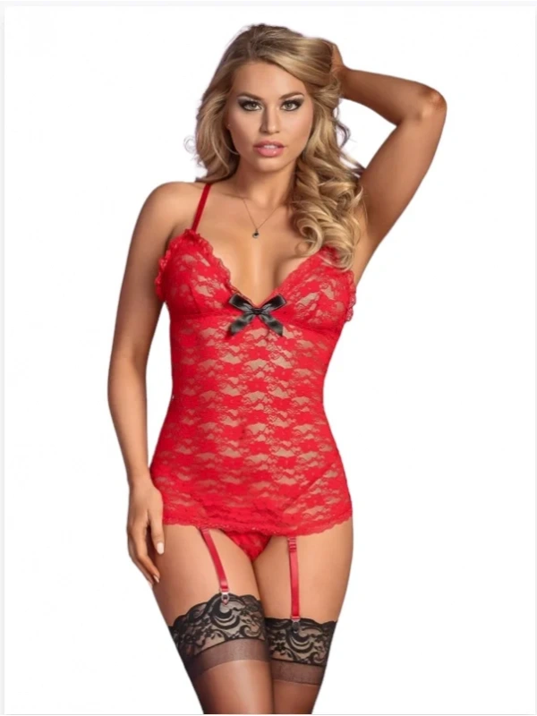 Fantezi Kırmızı Dantelli Seksi Elbise Jartiyer Takımı Düz Jartiyer Çoraplı