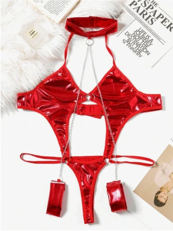 Fantezi Seksi Zincirli Kelepçeli Lame Gecelik