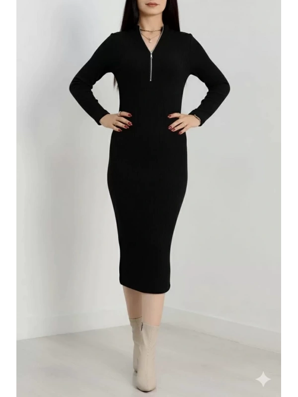 Fermuar detaylı fitilli şardonlu elbise siyah a3178