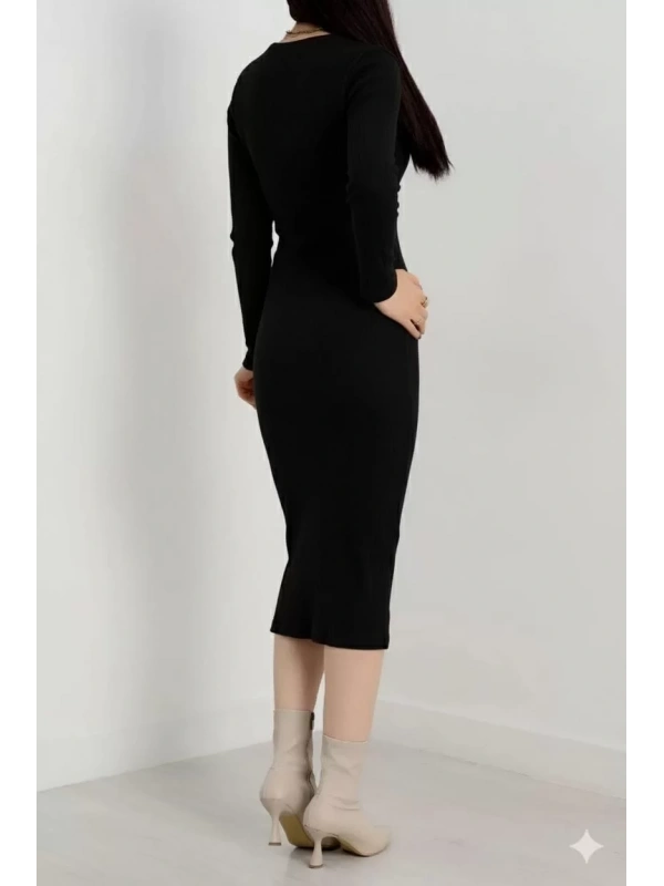 Fermuar detaylı fitilli şardonlu elbise siyah a3178