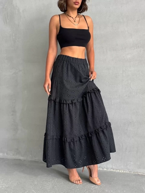 Fırfırlı brodeli astarlı uzun etek siyah s255047