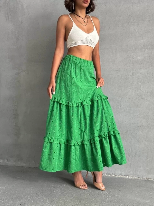 Fırfırlı brodeli astarlı uzun etek yeşil s255047