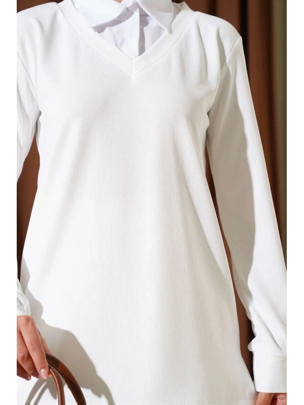 Gömlek Yaka Fitilli Salaş İkili Takım beyaz T4300