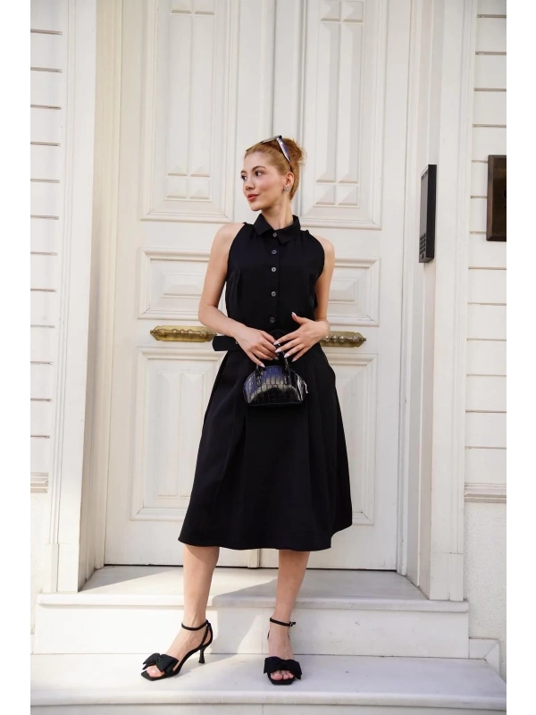 Gömlek yaka kemerli elbise siyah s255061