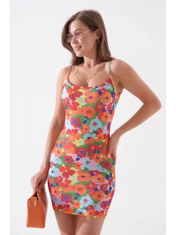 Kadın ince askılı desenli elbise s8105