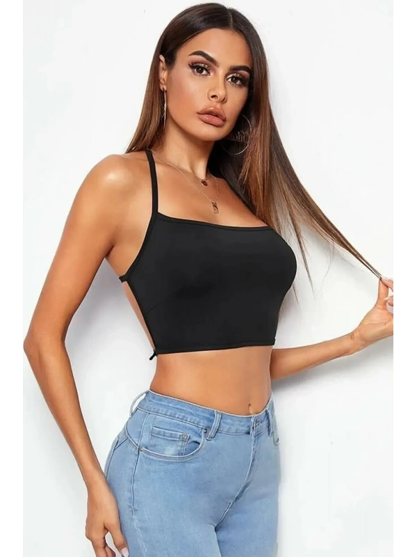 Kadın Sırtı Açık Siyah Belden Bağlamalı Crop Büstiyer