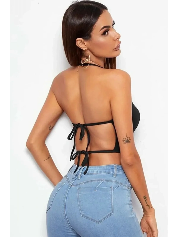 Kadın Sırtı Açık Siyah Belden Bağlamalı Crop Büstiyer