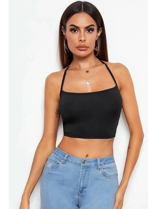 Kadın Sırtı Açık Siyah Belden Bağlamalı Crop Büstiyer