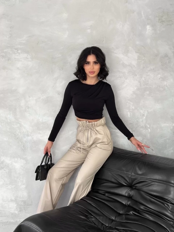Kendinden ince kemerli deri pantolon bej t1178