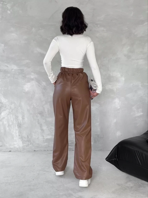 Kendinden ince kemerli deri pantolon kahve t1178