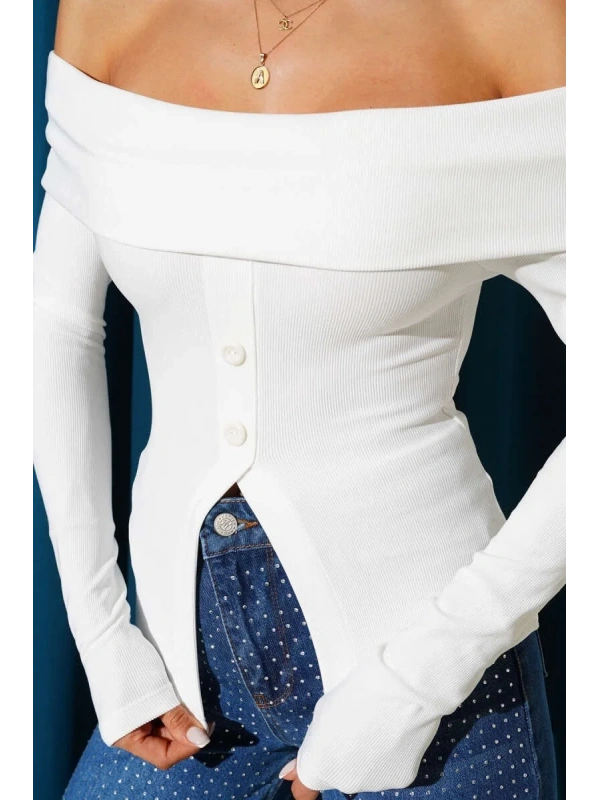 Madonna Yaka Düğmeli Bluz Beyaz t4329