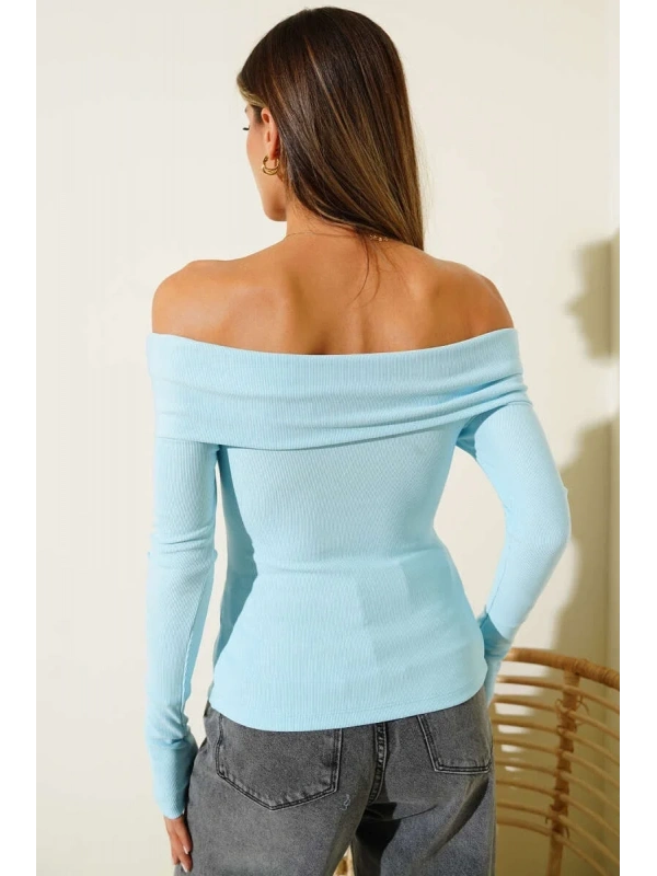 Madonna Yaka Düğmeli Bluz Mavi t4329